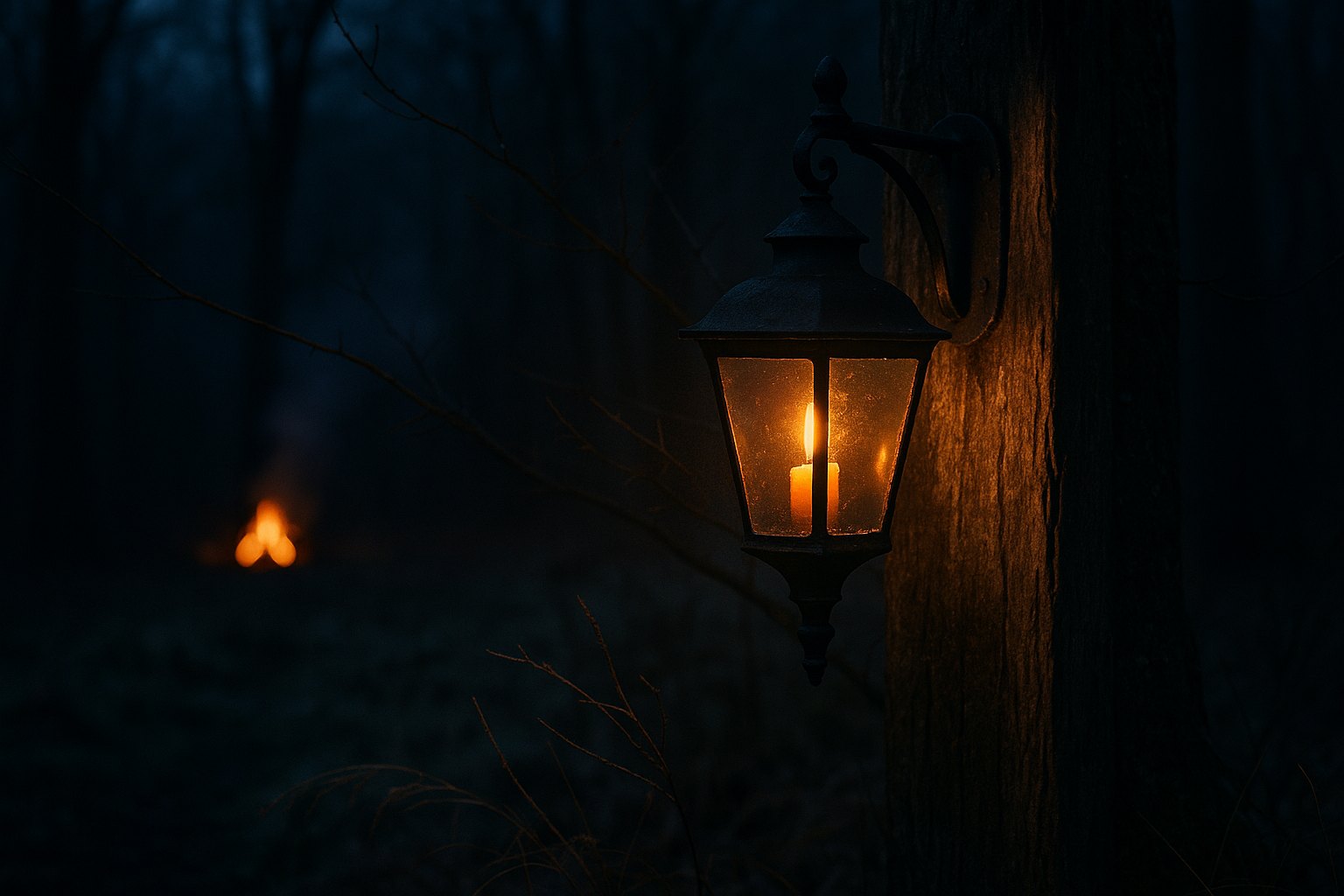 A cast-iron lantern burning on a post at the edge of the woods, a log fire glowing in the distance